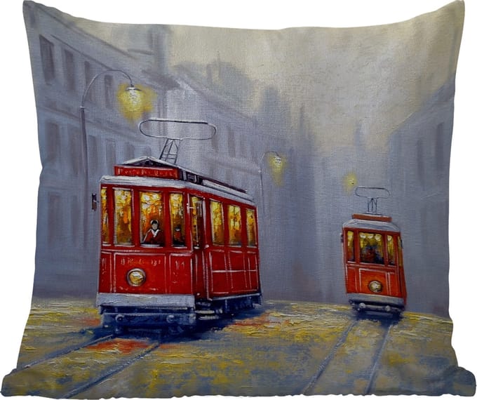 Sierkussen Buiten - Schilderij - Tram - Stad - Olieverf - 60x60 cm - Weerbestendig