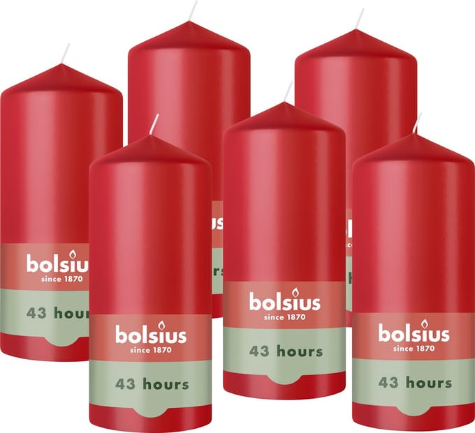 Bolsius - Gladde Stompkaarsen - 6 Stuks - Rood - 13 cm - 43 Branduren