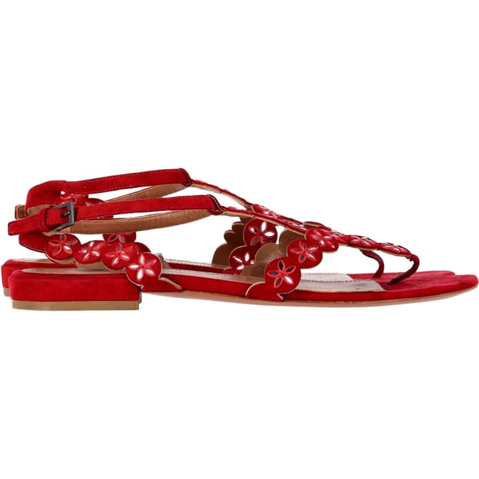 Alaïa Flower Lasercut Enkelband Flate Sandalen in Rood Suède