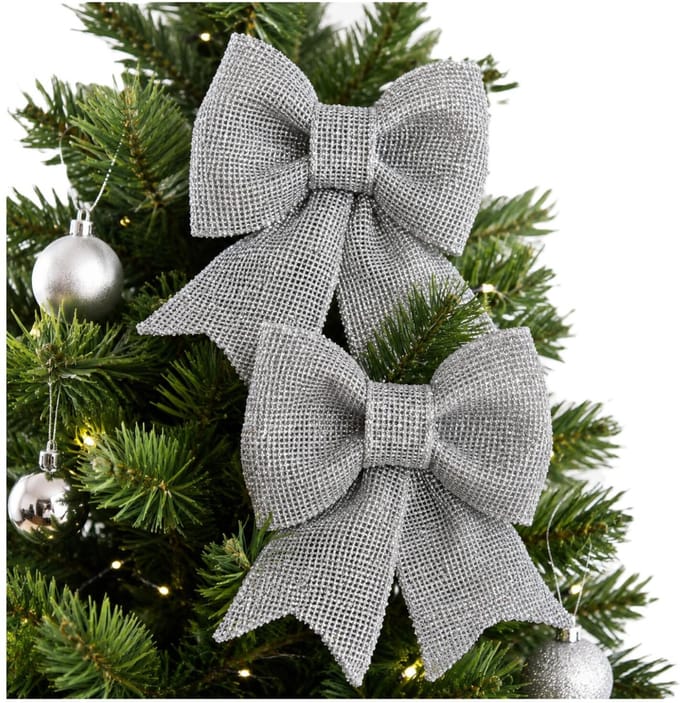 Decoris Strikjes kerstboomversiering - 2x - zilver - 33 cm glitters - op clip - feestelijk