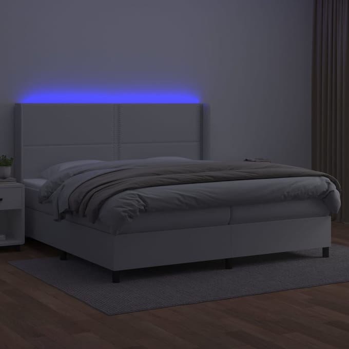 vidaXL - Boxspring - met - matras - en - LED - kunstleer - wit - 200x200 - cm