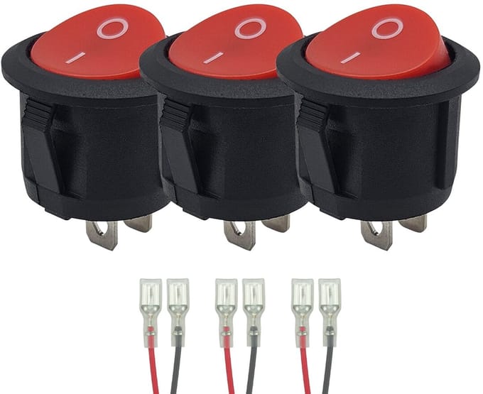 ProRide Wipschakelaar ON/OFF KCD2-202 - met Aansluitkabels - 2-pins - Rond ?20mm - 250V/6A - Rood - 3 stuks