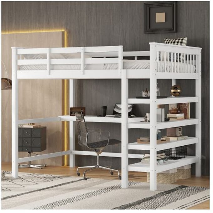 Verhoogd bed - MUVOE - 140 x 200 cm - Geïntegreerd bureau - Opbergvakken - Wit wit