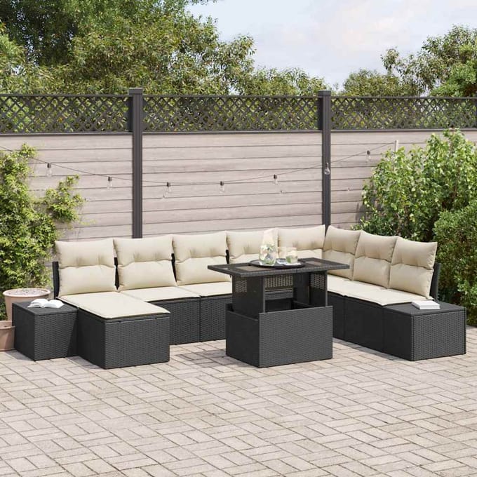vidaXL - Tuinbank - Set - 9 - st - Zwart - en - Crème - poly - rattan