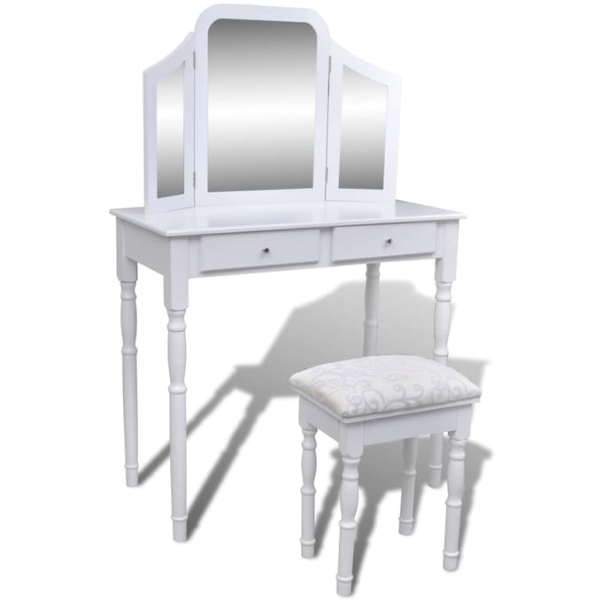 vidaXL - Kaptafel - met - 2 - lades, - 3-in-1 - spiegel - en - krukje - wit