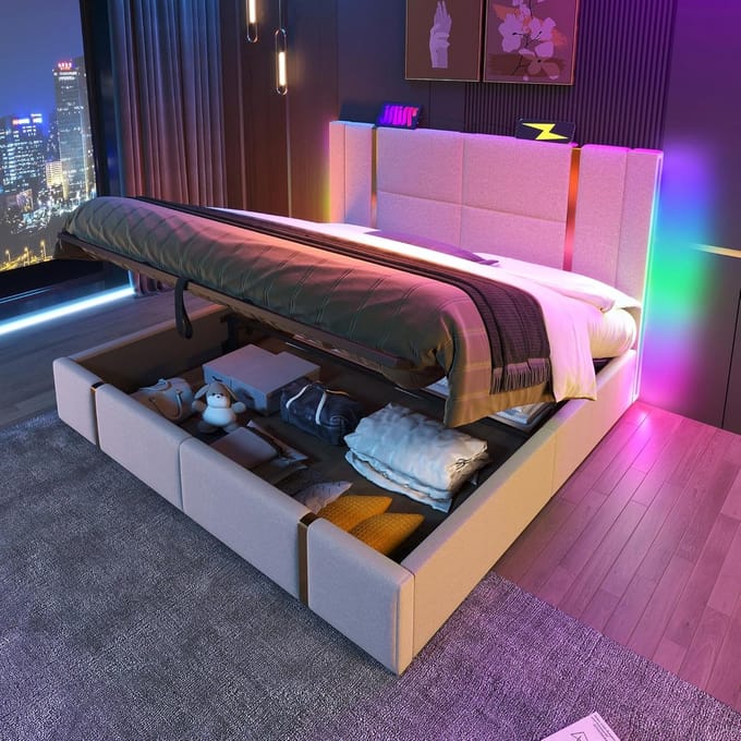Gecapitonneerd bed met USB type C oplader en opbergruimte, 160 x 200 cm, beige linnen