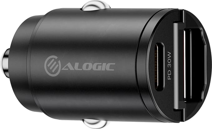 Alogic Rapid Power 2-poorts Mini Autolader (30W) – 1 x USB-C & 1 x USB-A max. 30W – Geschikt voor 12–24V DC aansluiting - Zwart