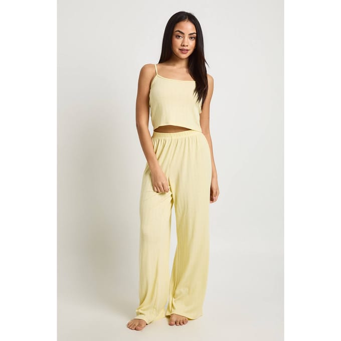 boohoo Dames Pointelle Hemdje En Wijde Pyjama Broek Set | Lemon | Maat: 6