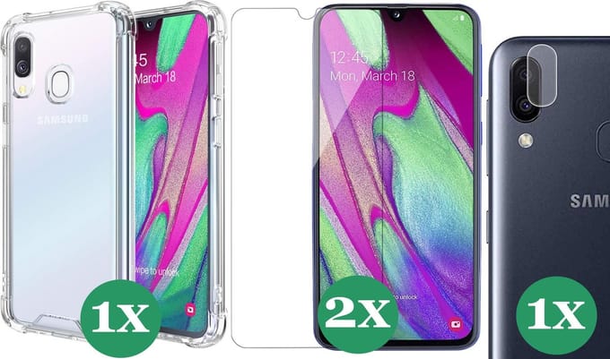 Hoesje geschikt voor Samsung Galaxy A40 - 2x Screenprotector Glas & 1x Camera Screen Protector - Transparant Shock Case