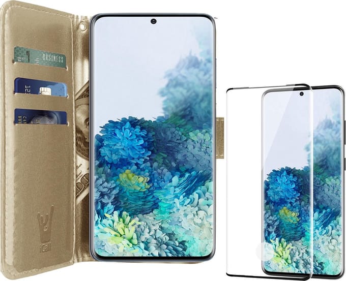 Hoesje geschikt voor Samsung Galaxy S20 Plus - Screen Protector FullGuard - Book Case Kunstleer Pasjeshouder Goud & Screenprotector