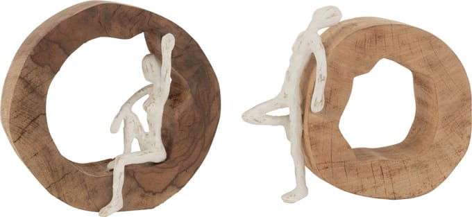 J-Line decoratie Rustend - hout/metaal - naturel/wit - 2 stuks