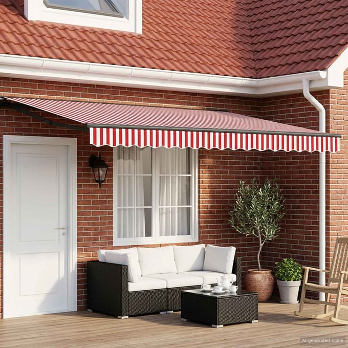 vidaXL - Handmatig - uitschuifbare - luifel - Rood - en - Wit - 4 - × - 3,5 - m