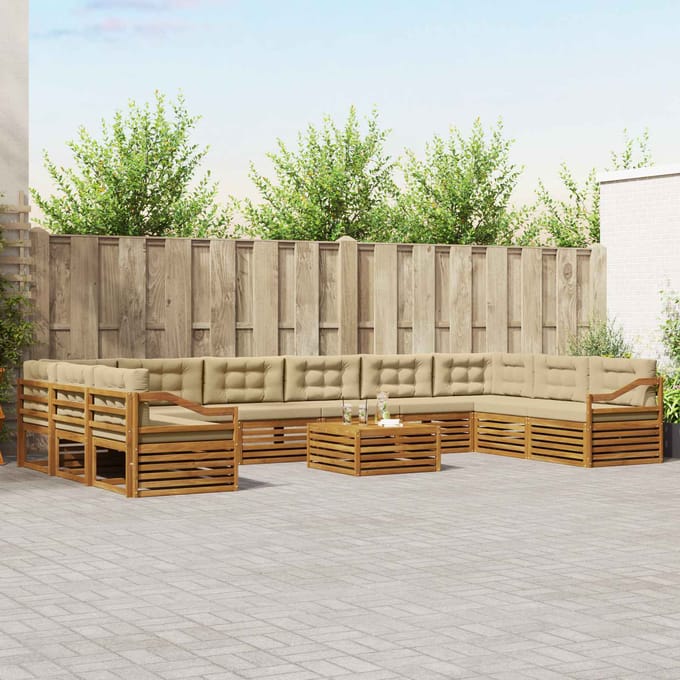 vidaXL - Sofa-Sets - 11 - st - Natuurlijk - en - Beige - Massief - Acacia - Hout