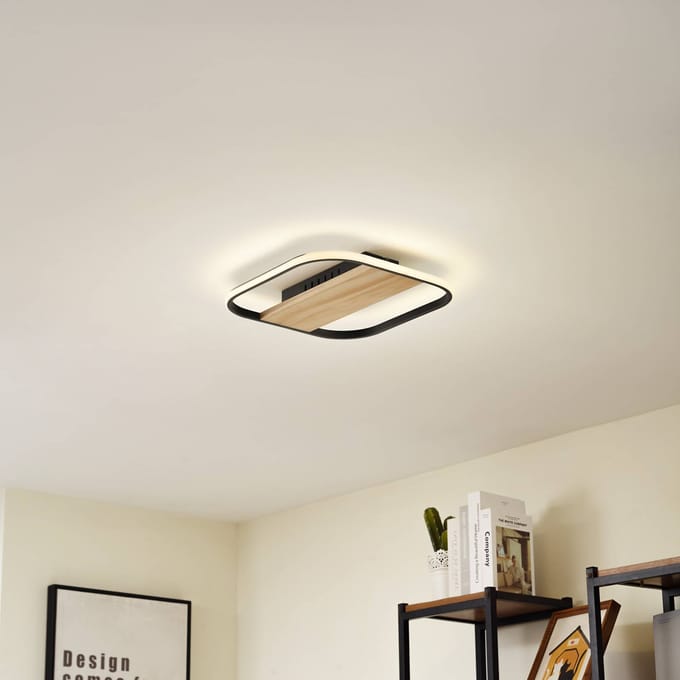 Lindby LED plafondlamp Romilda, grijs, hout, 37 cm breed