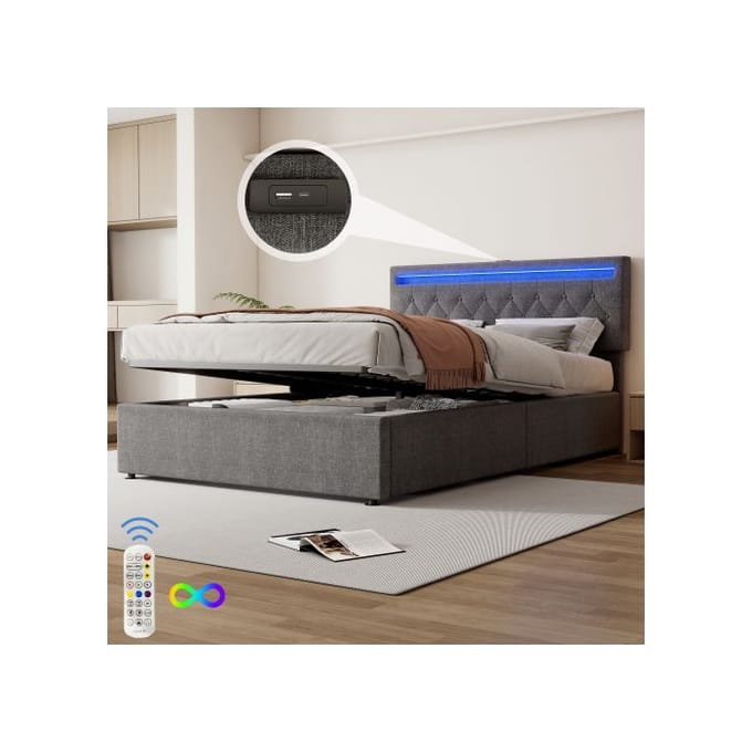 Lit - MUVOE - 140x200cm - Rembourré - Éclairage LED - Rangement sous le lit gris