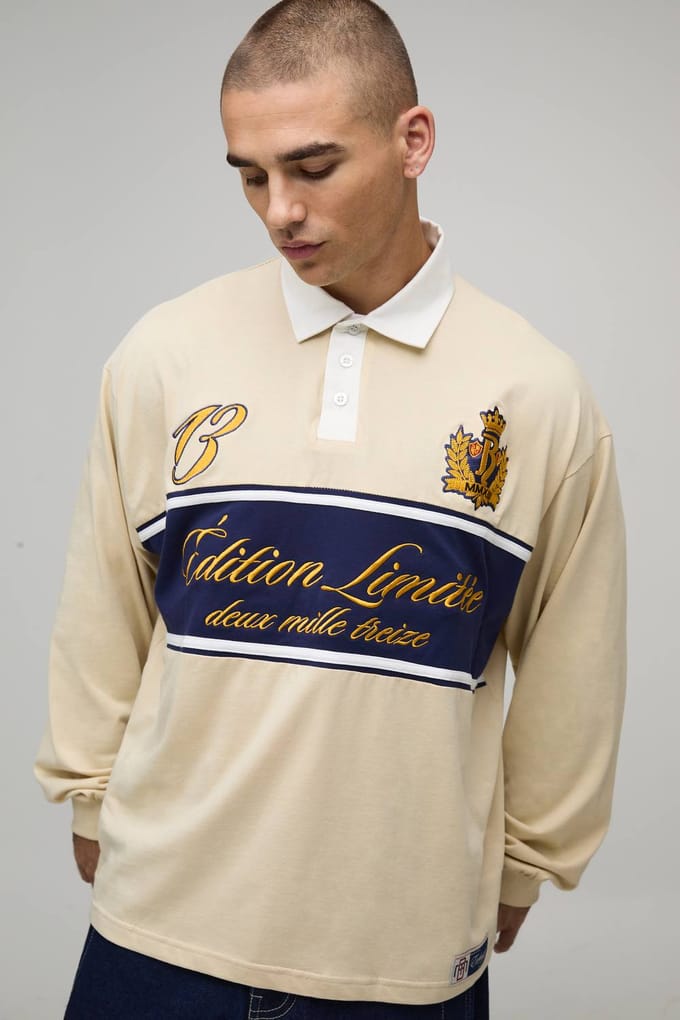 Oversized Varsity Embroidered Rugby Polo | Sand | Size Medium