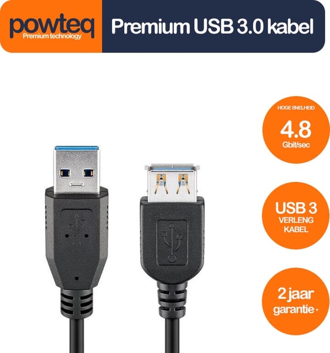 Powteq - 3 meter premium USB 3.0 verlengkabel - USB A male naar USB A female