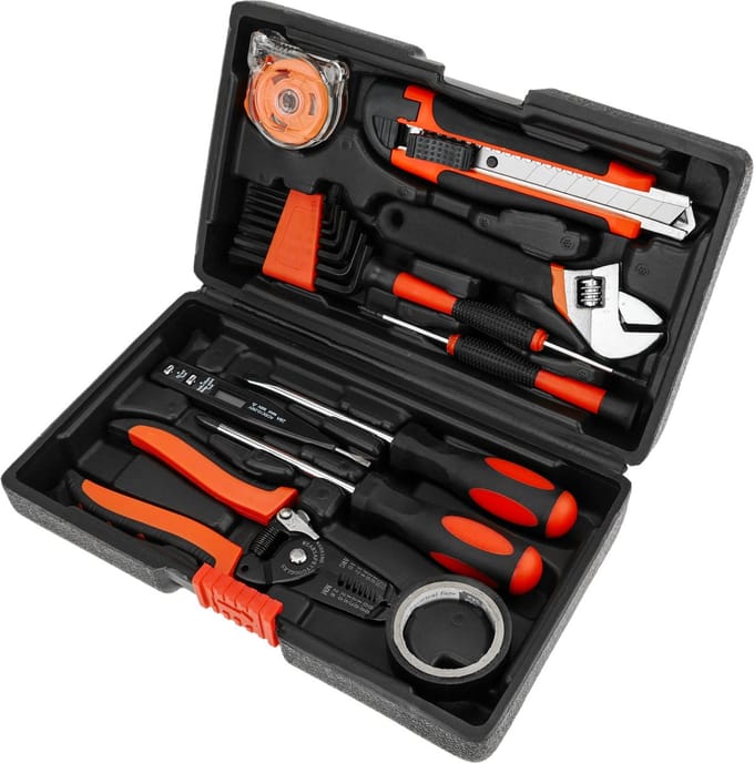 PrimeMatik - Basistoolset van 11 stuks. Schroevendraaier, draadstripper, meetlint, sleutel, etc.