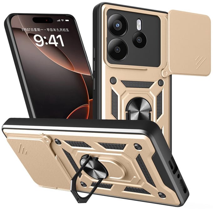 MobyDefend Hoesje - Geschikt voor Xiaomi Redmi Note 14 5G - Pantsercase Met Draaibare Ring - Goud