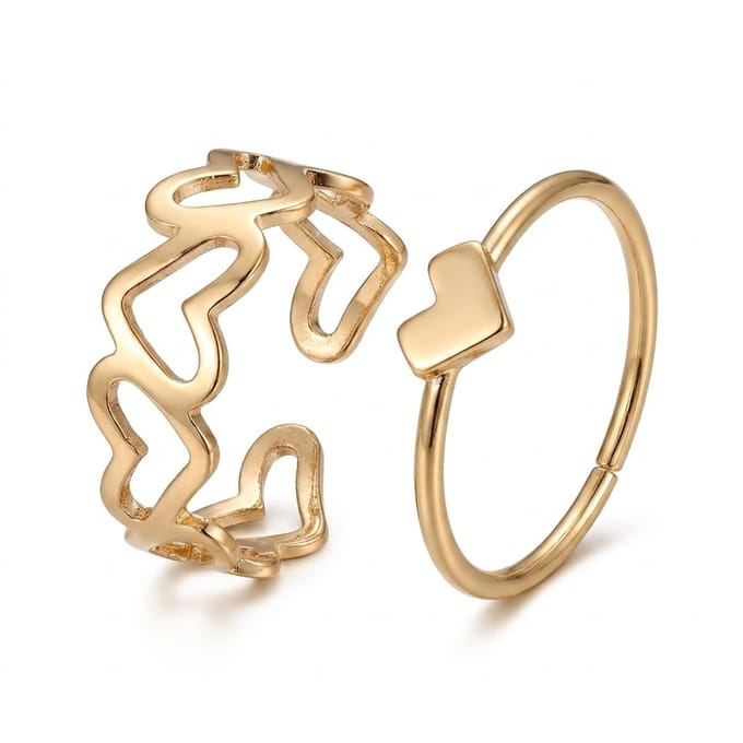 Goudkleurige ring set dames aanschuifring open ring hart ring stapelbare ring verstelbare ring minimalistische vriendschapsring 2 delige sieraden set