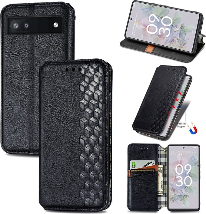 Luxe PU Lederen Ruitpatroon Wallet Case + Glas Screenprotector voor Google Pixel 6a _ Zwart