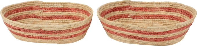 J-Line mand streepjes maïs - textiel - naturel/rood - set van 2