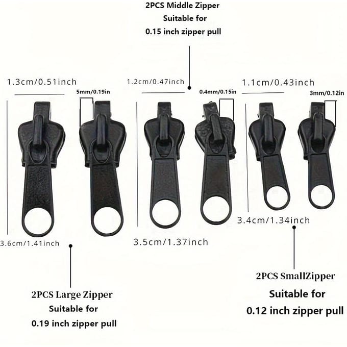 6 stuks Instant Rits Reparatie Kit Met Universeel Ontwerp & Meerdere Maten, Vervangende Rits zwart