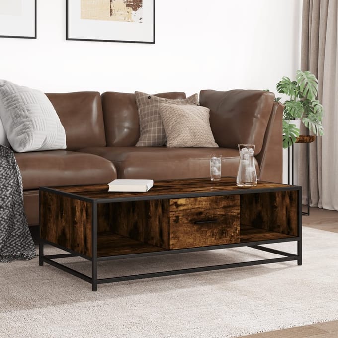 vidaXL - Salontafel - 100x57x35 - cm - bewerkt - hout - en - metaal - gerookt - eiken