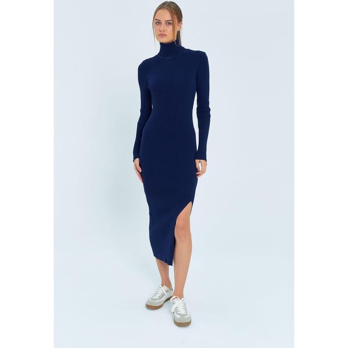 Turtleneck Midi Gebreide Jurk met Split