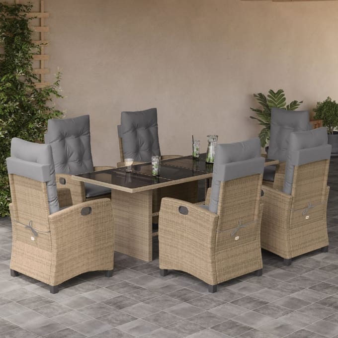 vidaXL - 7-delige - Tuinset - met - kussens - poly - rattan - gemengd - beige