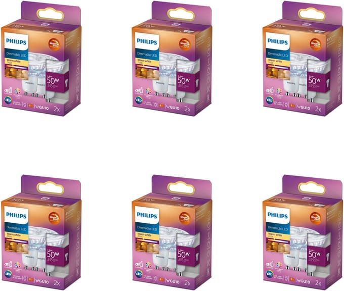 Philips Voordeelverpakking - GU10 - LED Spotlamp - 50W - Dimbaar - Warmwit Licht - Set van 12 Stuks