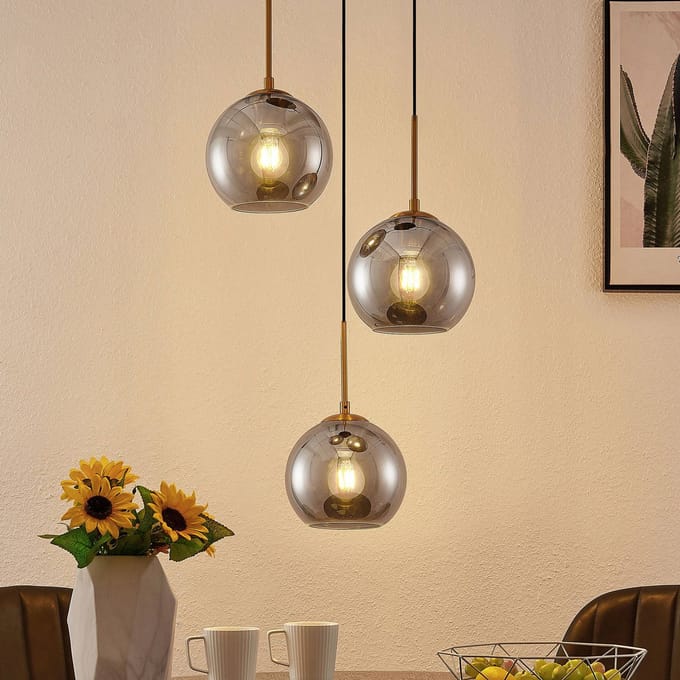 Lindby - hanglamp - 3lichts - Staal, glas - H: 17.5 cm - E27 - brons, rookgrijs