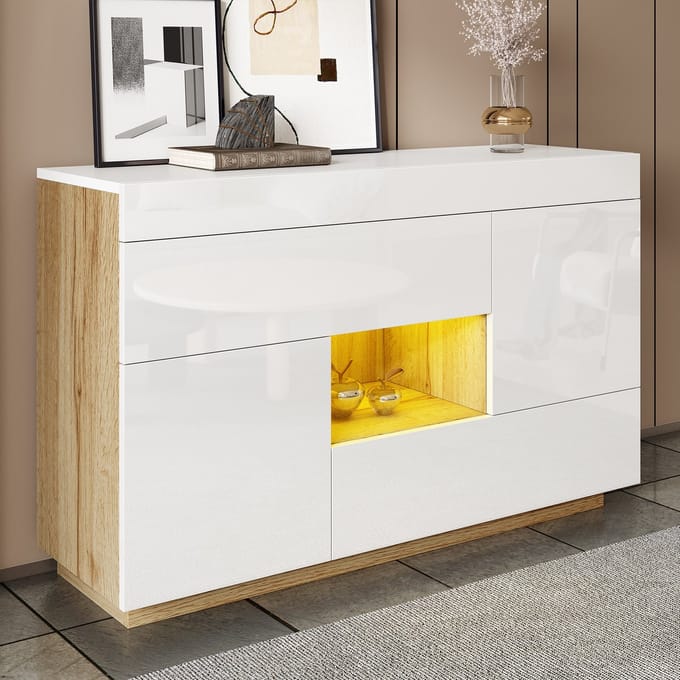 Vitrinekast - Hoogglans - Met Kleurwisselende LED En Lades - MDF - Wit
