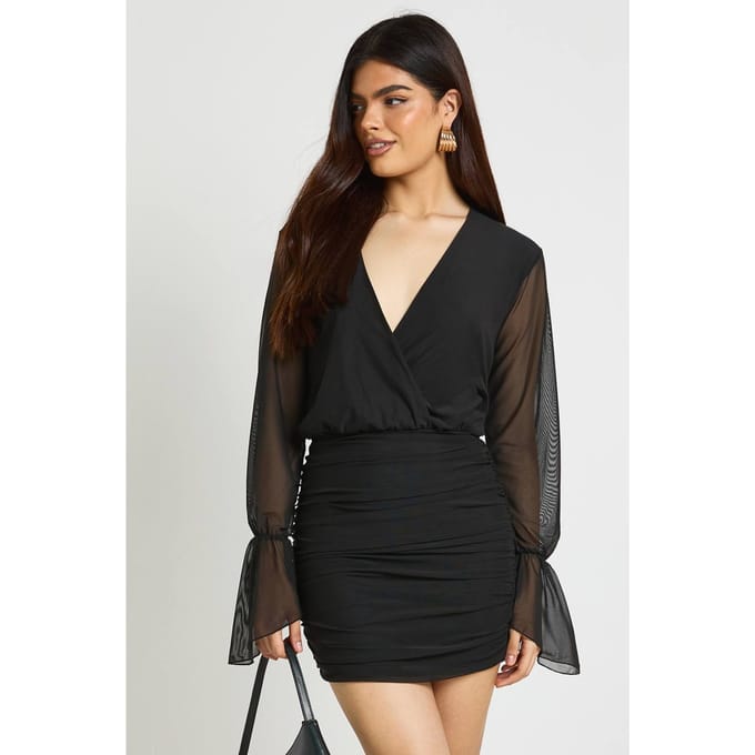 boohoo Dames Mesh Wijde Mouw Wikkel Blouse Mini Jurk | Zwart | Maat: 36