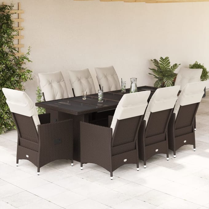 vidaXL - 9-delige - Bistroset - met - kussens - poly - rattan - bruin