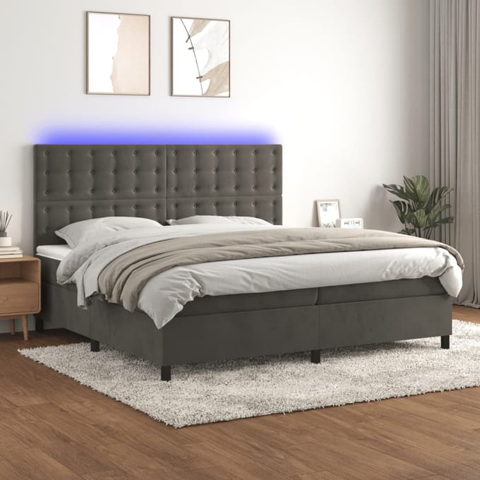 vidaXL - Boxspring - met - matras - en - LED - fluweel - donkergrijs - 200x200 - cm