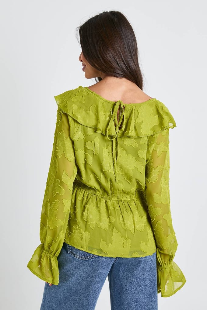 boohoo Dames Burnout Bloemige Engel Mouw Blouse | Olive | Maat: 8