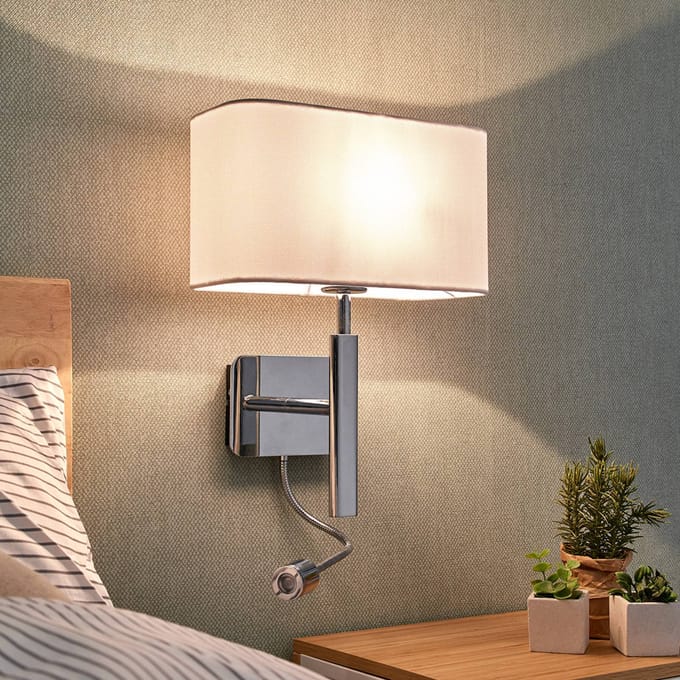 Lucande - Wandlamp - 1licht - Stof, metaal - H: 63 cm - E27 - wit, chroom