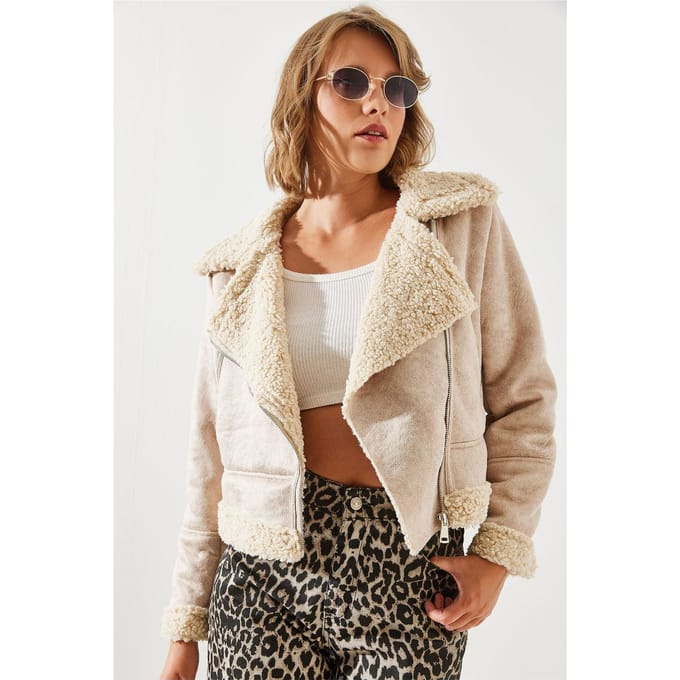 Synthetisch Leren Cropped Jas met Schouderkraag
