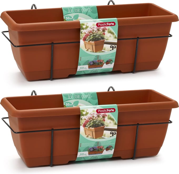 Plasticforte Balkonbak - 2x - terracotta bruin - 50 cm - plantenbak met hanger - bloembak