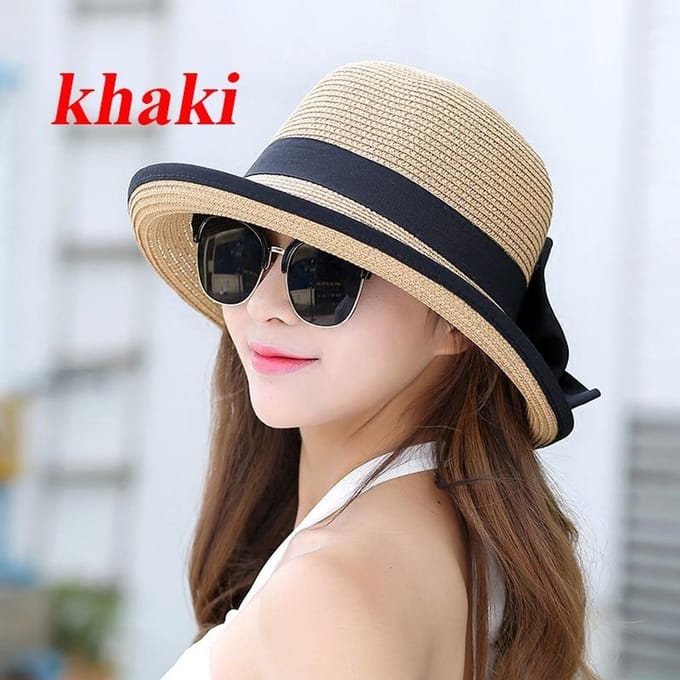 Chapeau de paille d'été pour femme tout match chapeau de soleil pliable chapeau de plage adjustable kaki