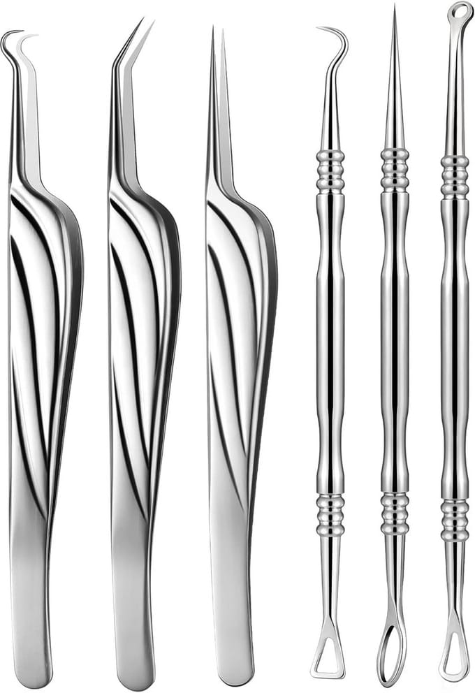 Professionele Blackhead Verwijderaar Set - 6 Delige RVS Pincet en Comedonenkrabber Set