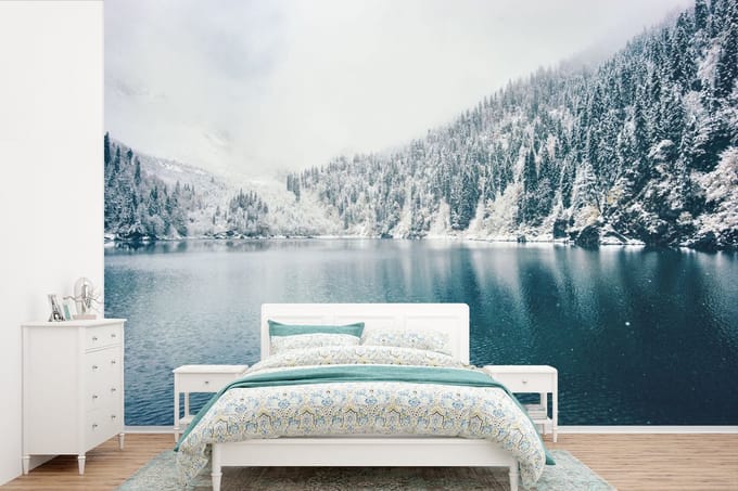 Behang - Fotobehang Winter - Water - Sneeuw - Breedte 330 cm x hoogte 220 cm