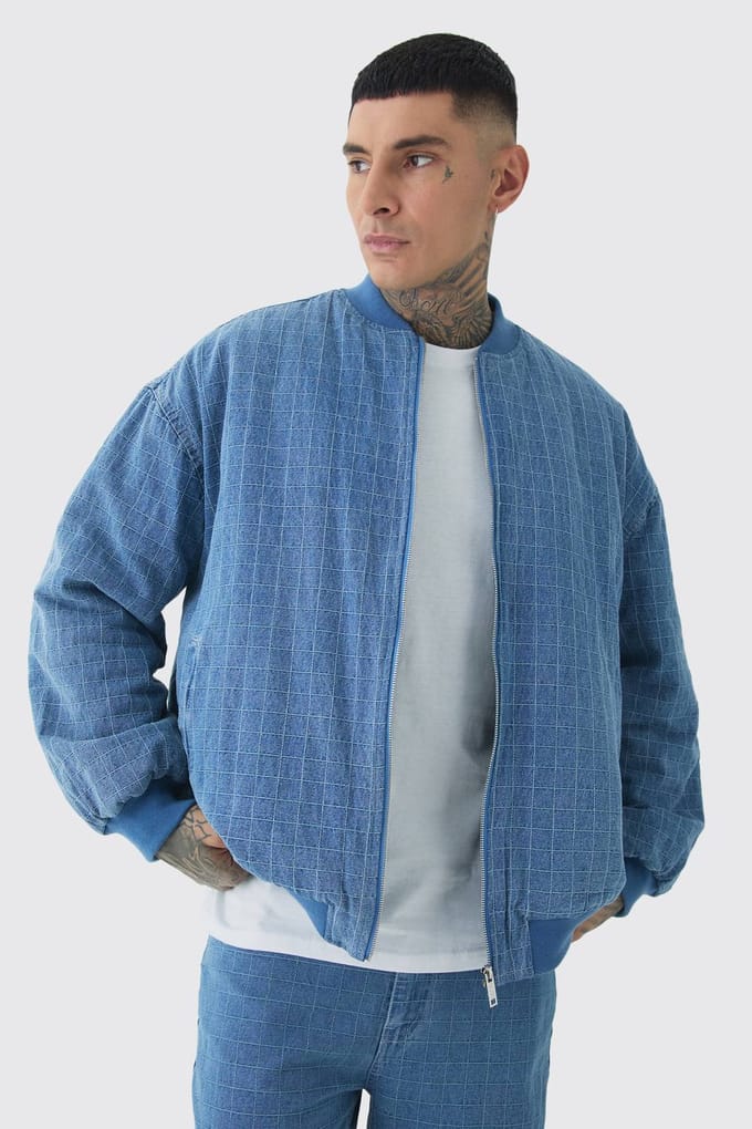 Tall Ripstop Oversized Padded Bomber Jacket | Mid Wash | Size Medium