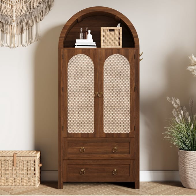MODFU Opbergkast 80x40x180 cm van MDF, met rattan deuren en laden, walnoot