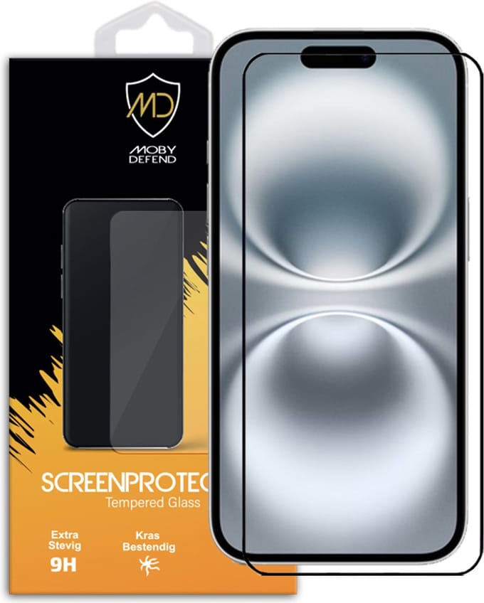 MobyDefend Screenprotector - Geschikt voor iPhone 16 - Screensaver Met Zwarte Randen - Gehard Glas