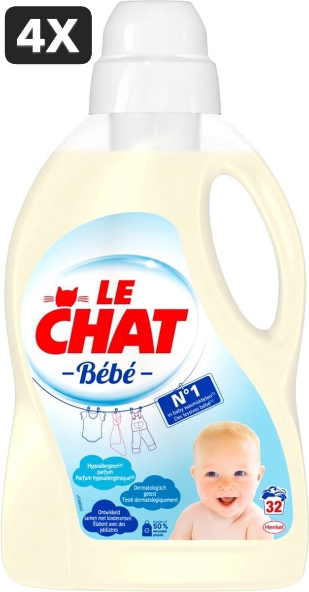 4 x Le Chat - Wasmiddel - Vloeibaar Wasmiddel - Bébé - 32wb/1440ml