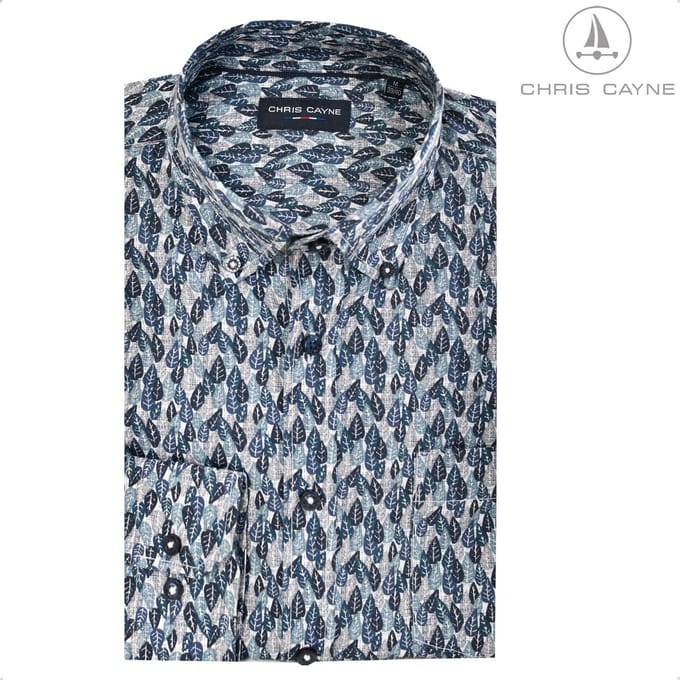 Chris Cayne overhemd lange mouw - L - navy/groen - print - borstzak
