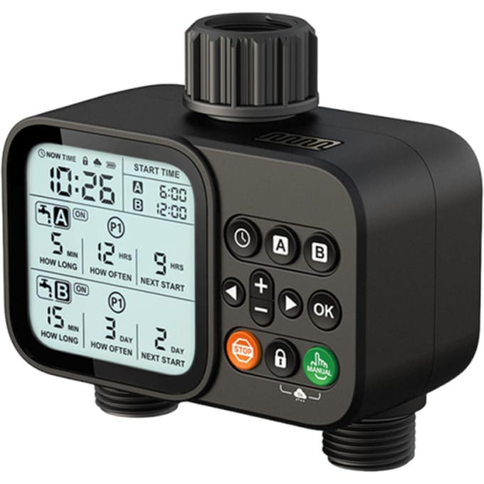 2-Zones Tuinslang Bewateringstimer 8 Programmeerbare Instellingen Automatische Regenvertraging Groot 3,3 Inch LCD-Scherm Digitaal gray
