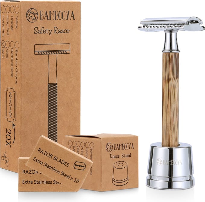 Safety Razor + Houder + 20 Scheermesjes Bamboe Milieuvriendelijk Set - Chrome